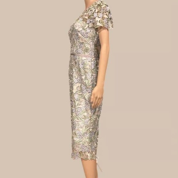 Marchesa Notte Ice Bell Bloom Sheath Crochet Overlay Dress Muted Blue 6 Small - Picture 15 of 16